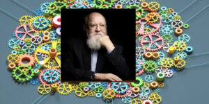 Philosopher Daniel Dennett is show in front of a stylized image of the brain, made up out of little mechanical gears.