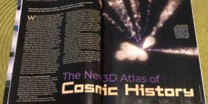 A double-page spread from Sky & Telescope magazine, with a headline reading "A New 3D Atlas of Cosmic History"