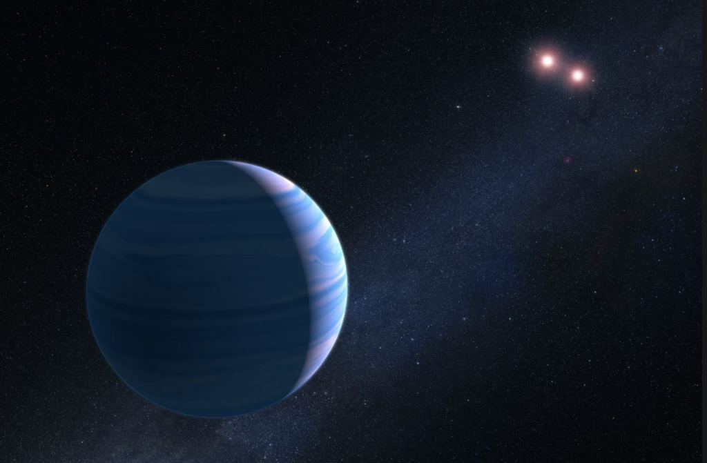 An artist's rendering of an exoplanet, with stars visible in the background.