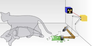 Image depicts the Schrodinger cat thought experiment.